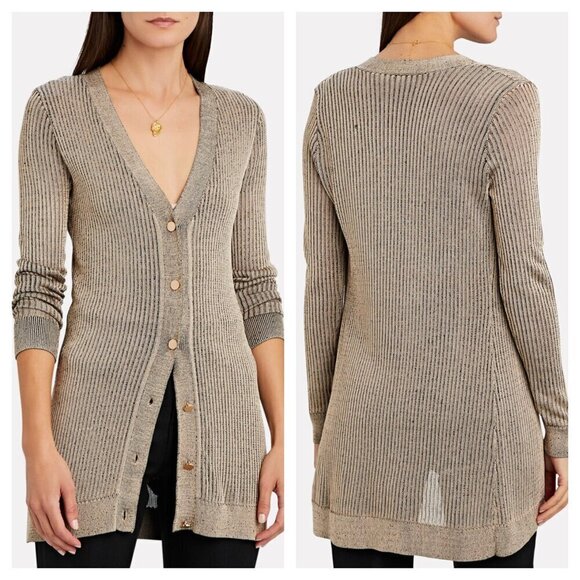 L'AGENCE Millie V-Neck Cardigan Button Down Ribbed Knit in Tan Women's S - Picture 1 of 10